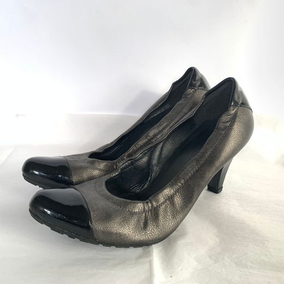 Stuart Weitzman Pewter Black Leather Spectator Pump Elasticized - Size 6.5 Cone - Picture 1 of 11